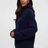 Navy rolled neck cotton sweater featuring ribbed details and an oversized fit by Hilary Radley.