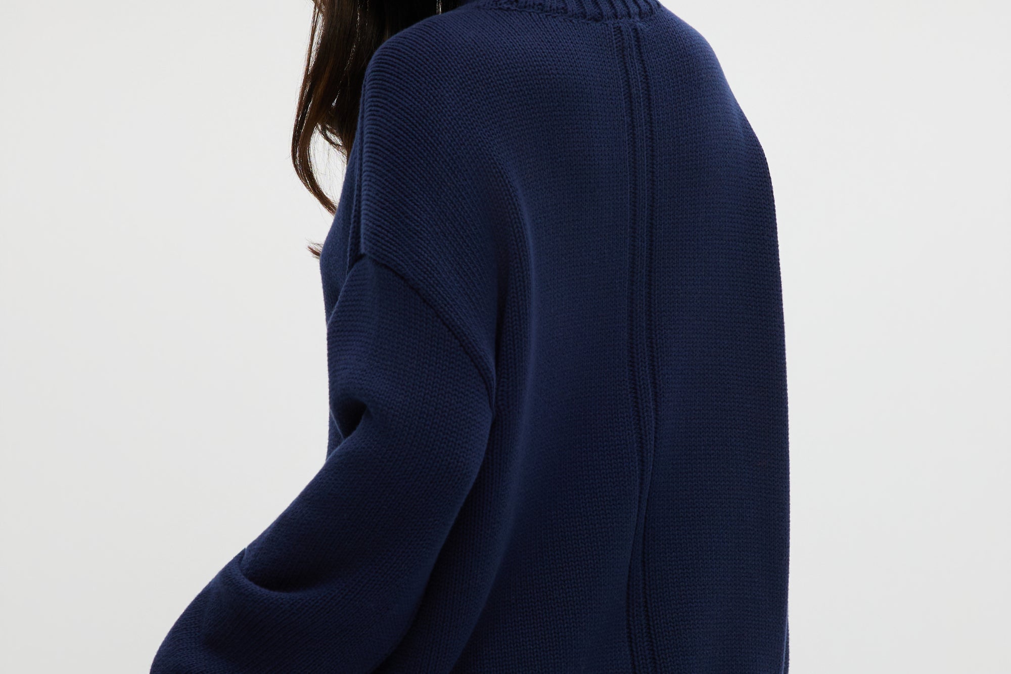 Navy rolled neck cotton sweater featuring ribbed details and an oversized fit by Hilary Radley.