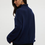 Navy rolled neck cotton sweater featuring ribbed details and an oversized fit by Hilary Radley.