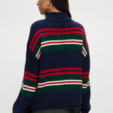 Navy Stripe Rolled Neck Sweater featuring red, green, and white stripes with a high neck and long sleeves by Hilary Radley.