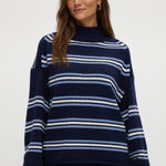 Navy striped rolled neck sweater with long sleeves and relaxed fit.