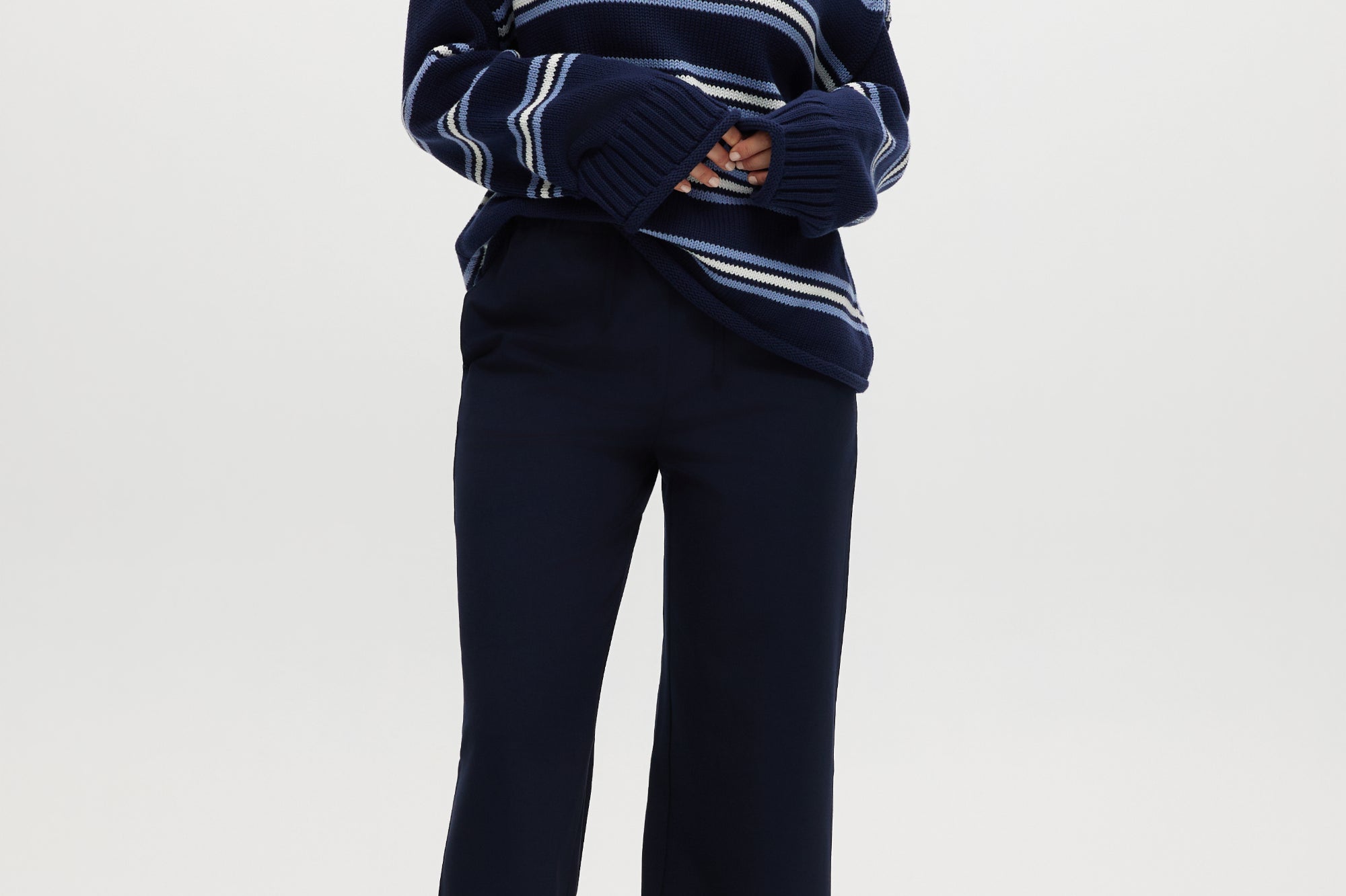 Navy striped rolled neck sweater with long sleeves and a relaxed fit by Hilary Radley.