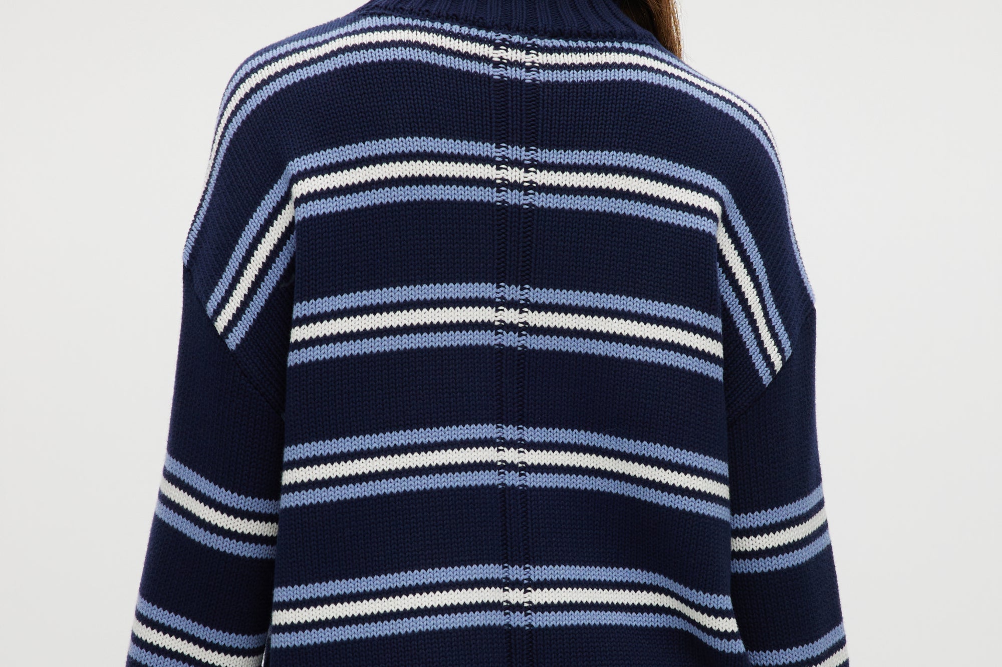 Navy striped rolled neck sweater with long sleeves and a relaxed fit by Hilary Radley.