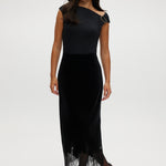 Black velvet midi skirt with lace hem and pull-on design