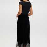 Black Velvet Midi Skirt featuring a lace hem and pull-on design by Hilary Radley.
