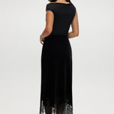 Black Velvet Midi Skirt featuring a lace hem and pull-on design by Hilary Radley.