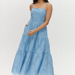 Sky Cotton Eyelet Tiered Maxi Dress with adjustable straps and scalloped hem.