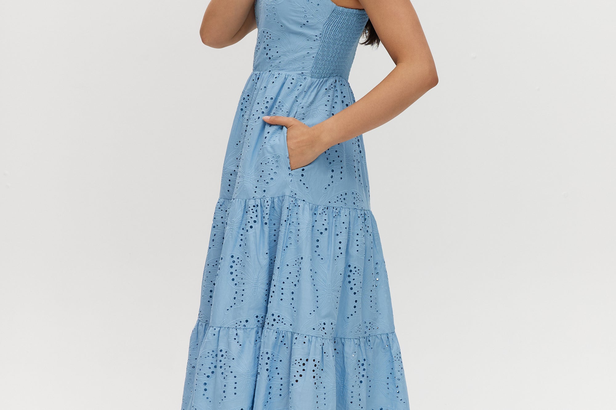 Sky Cotton Eyelet Tiered Maxi Dress featuring adjustable straps and a scalloped hem by Hilary Radley.