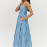 Sky Cotton Eyelet Tiered Maxi Dress featuring adjustable straps and a scalloped hem by Hilary Radley.
