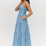 Sky Cotton Eyelet Tiered Maxi Dress featuring adjustable straps and a scalloped hem by Hilary Radley.