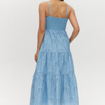 Sky Cotton Eyelet Tiered Maxi Dress featuring adjustable straps and a scalloped hem by Hilary Radley.