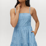 Sky Cotton Eyelet Tiered Maxi Dress featuring adjustable straps and scalloped hem by Hilary Radley.
