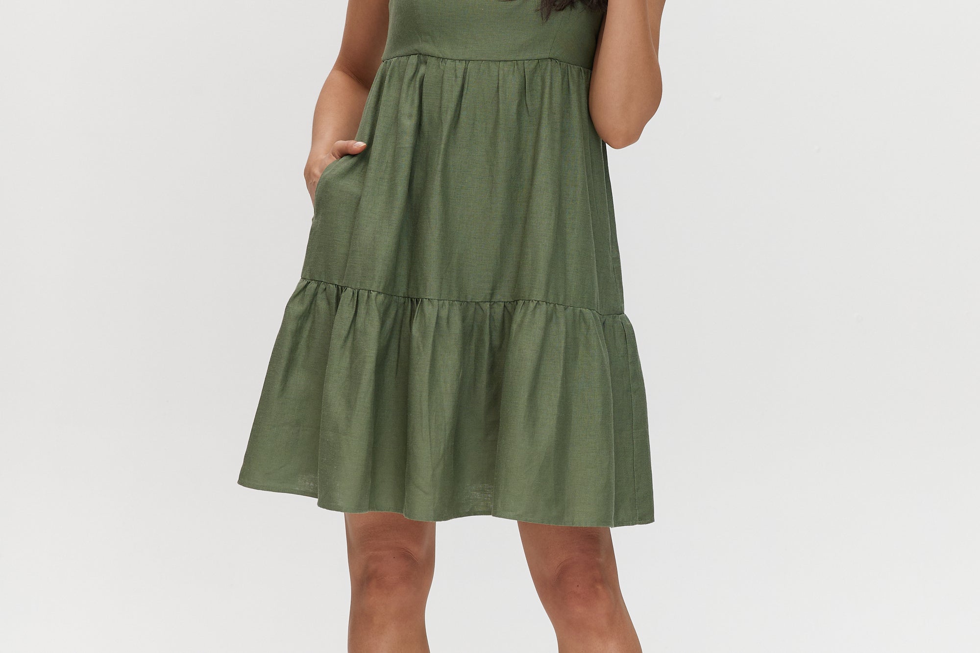 linen blend tiered midi dress Umgee Linen Blend Tiered Midi Dress--Black